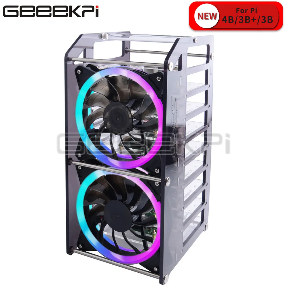 Rack Tower 8 Layer Acrylic Cluster Case Super Large Cooling Fan LED RGB Light for Raspberry Pi 4 B / 3 B + / 3 B / Jetson Nano