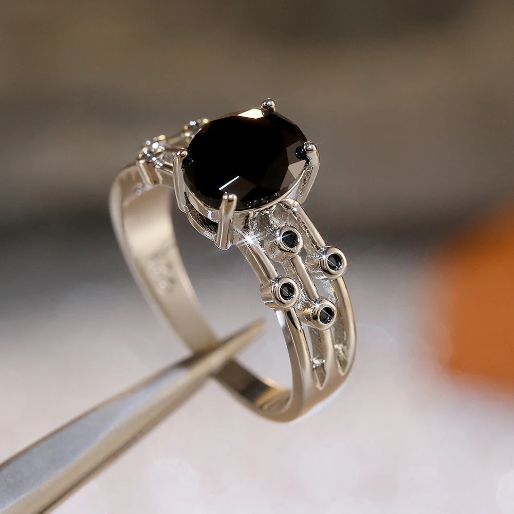 Women's Black Stone Three Rows Ring for Dancing Parties