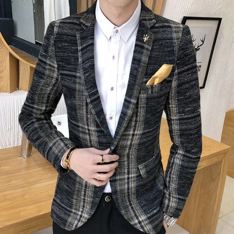 2023 New Arrival Brand Clothing Spring Suit Jacket Men Plaid Fashion Slim Male Suits Casual Blazers Dress Coat