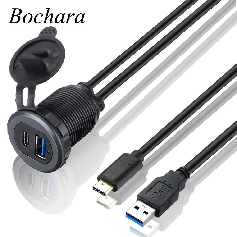 Bochara Flush Mount Panel USB Male to Female+Type C Male to Female Extension Cable Shielded With Indicator Light