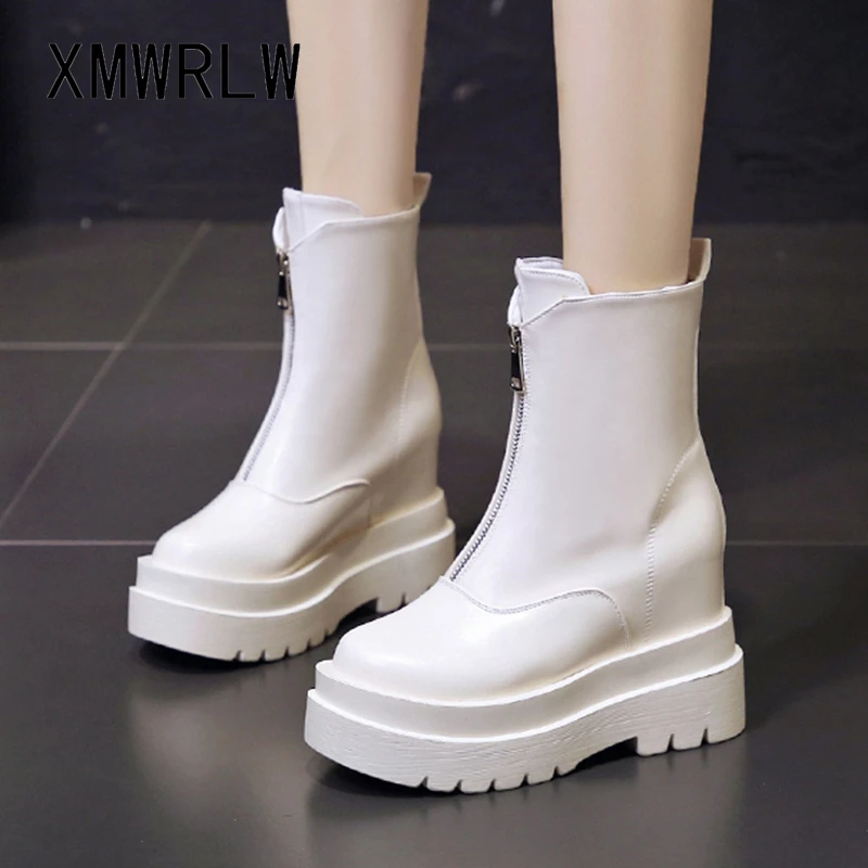 XMWRLW PU Leather Autumn Women's Boots Fashion Zip High Heels Boots For Women Autumn Shoes 2020 Ladies Mid-Calf Boot Woman Shoes