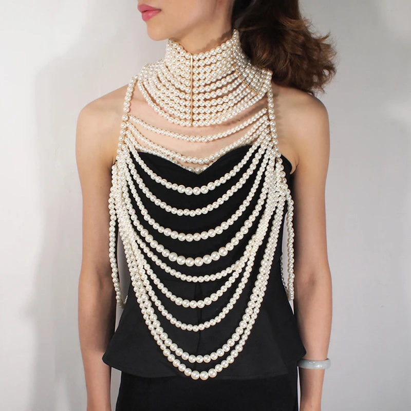 

Luxury pearl shoulder chain necklace women's wedding dress jewelry pearl brand design body chain choker corset accessories