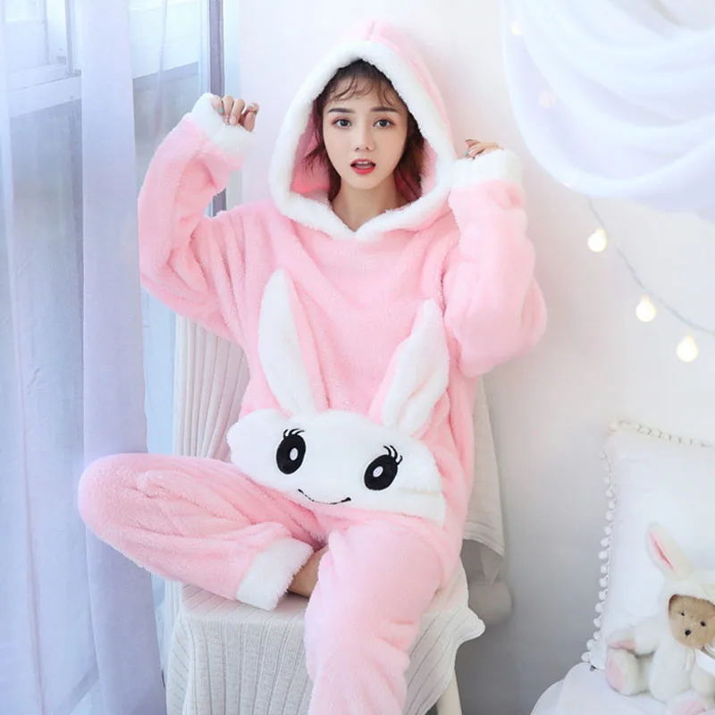 Sanderala Women Flannel Pajamas Sets Round Neck Winter Soft Lingerie Cute Long Sleeve Top & Pants Homewear Warm Hooded Sleepwear