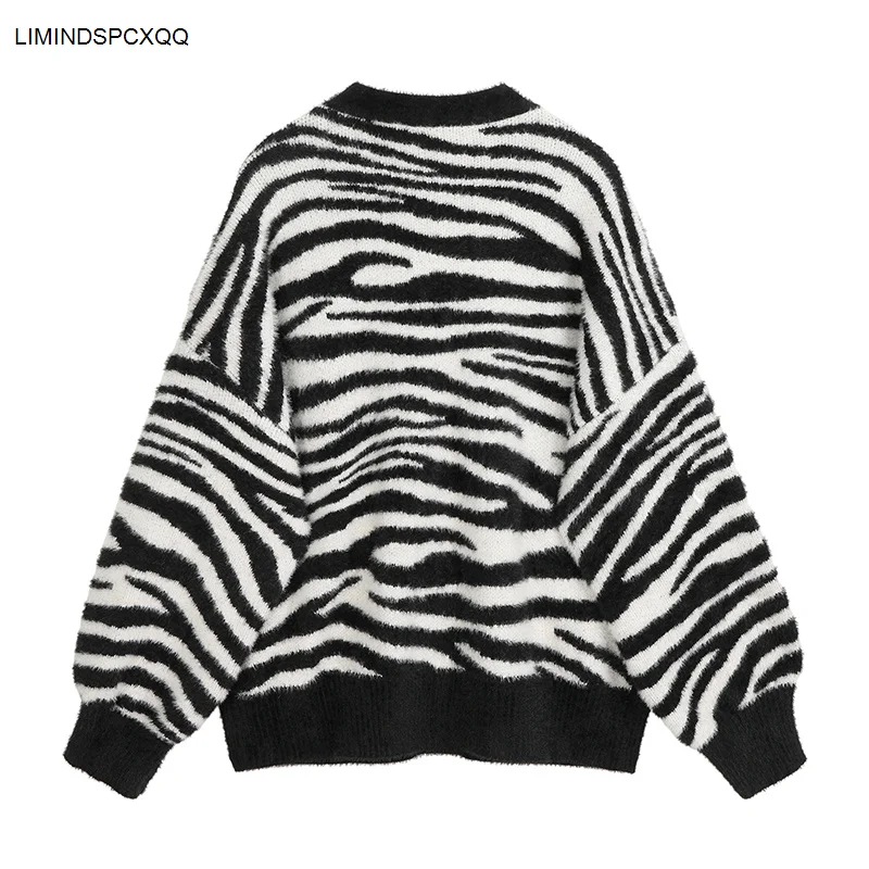 Women Sweater Jacket 2023 Oversized Knitted Cardigans V-neck Loose Vintage Zebra Print Jumpers Long Sleeve Elegant Female Coat