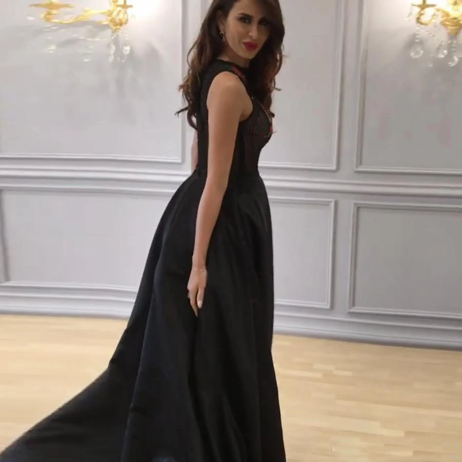 New Sleeveless Black Evening Dresses 3D Flower Sheer Top Beaded Pleated Sweep Train Formal Party Gowns Dubai