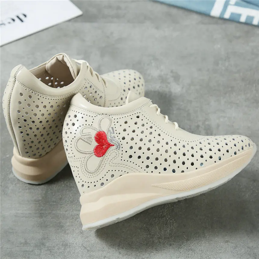 Shoes Women Lace Up Genuine Leather Platform Wedges High Heel Pumps Shoes Female Round Toe Summer Fashion Sneakers Casual Shoes