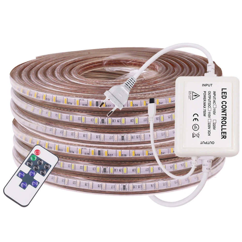 

AC220V LED Strip Light 3014 SMD 120Leds/m Flexible Ribbon Tape with Dimmer Waterproof LED Rope Stripe Light with EU/UK/AU Plug