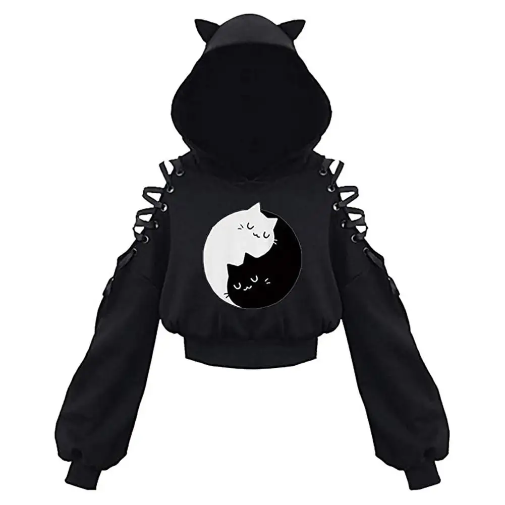 Gothic Punk Black Women\'s Cat Ear Hoodie Pullover Long Sleeve Hooded Sweatshirt Cute Lace Up Blouse