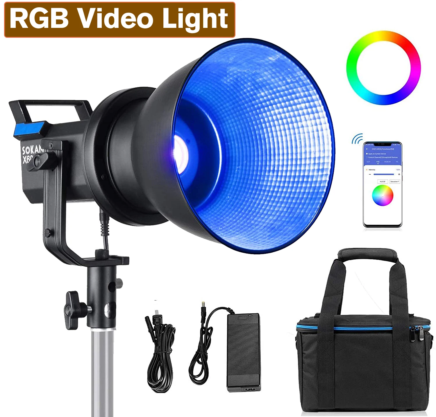 Sokani X60 LED Video Light RGB 5600K Daylight CRI96+ RGB LED Lamps with 2.4G Wireless Remote/App Control for Studio Shooting