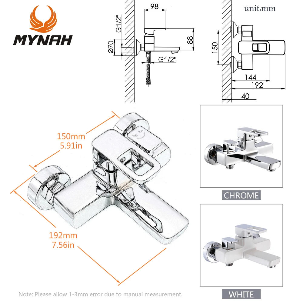 Imagem -06 - Mynah Conjunto de Chuveiro Montado na Parede Cromada Torneira do Banheiro Misturador de Água Fria e Quente Torneira de Banheira
