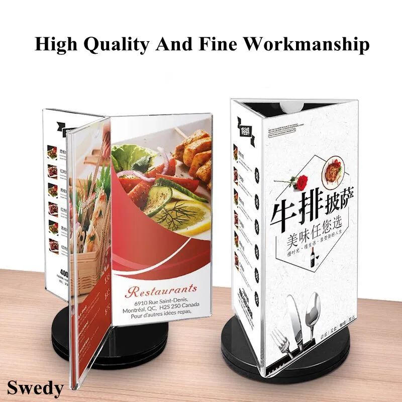 360 Degree Rotating Restaurant Menu Sign Holder Display Stand Three Side Coutertop Acrylic Table Number Poster Picture Frame