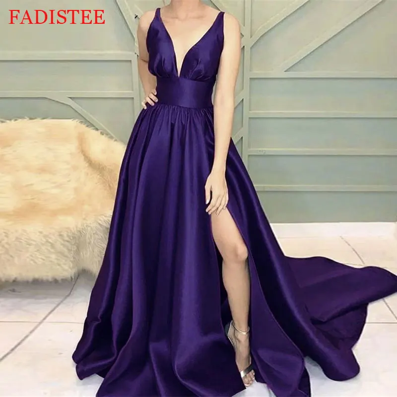 

New Style Sexy Deep V-neck Satin Prom Dresses Vestido De Noiva Robe De Soirée De Mariage Evening Party Gowns Side Slit