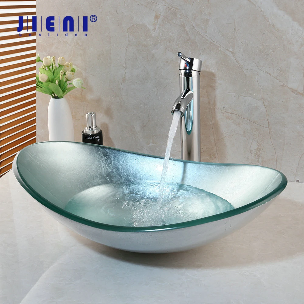 JIENI Silver Hand-Paint Art Bathroom Glass Basin Sink Faucet Round Basin Bath Vanity Chrome Brass Faucet Set Tap Mixer Set