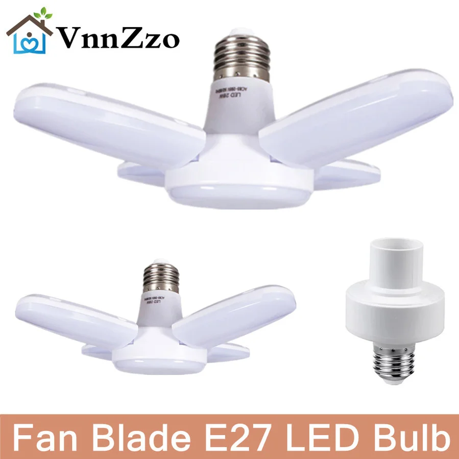 

VnnZzo LED Mini Folding Led Fan Light Bulb E27 Lampada AC85 - 265V 28W Foldable Fan Blade Angle Adjustable Light Bulb