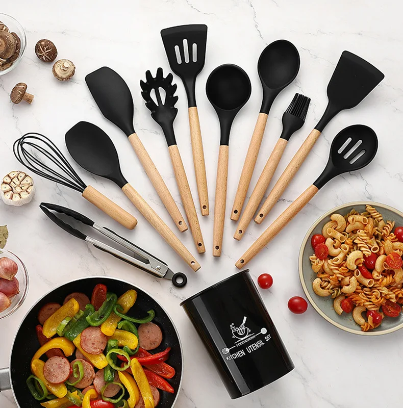 

SET 11 PIECES COOKING TOOLS WOOD HANDEL Silicone Kitchenware Utensils Resistant Non-Stick Cooking Utensils Kitchen Accessories