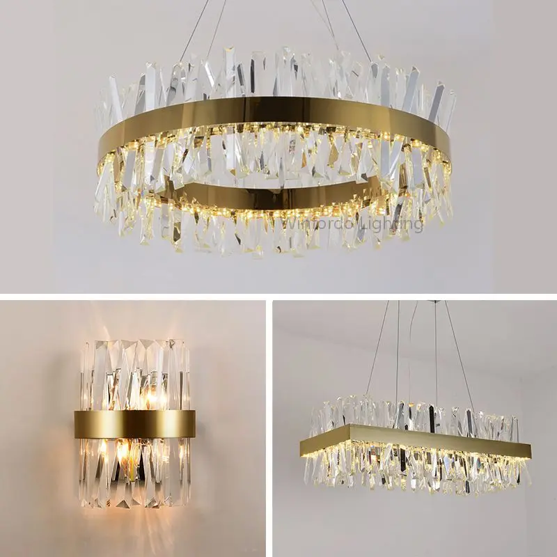 2024 Modern Dimmable LED Crystal Chandelier Rectangular Stainless Steel in Gold Chrome For Home Decor Winfordo WF-K22