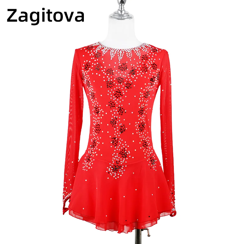 ZAGITOVA Figure Skating Dress Women Girls Long Sleeved Ice Skating Skirt Red Rhinestones Mesh Skirt