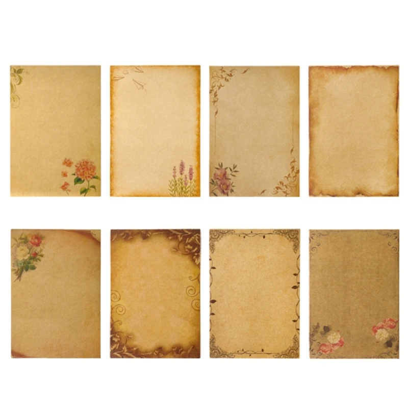 A5 Stationary Paper Pack of 8 Parchment Antique Colored Printed Paper Stationery Vintage Letter Writting Paper for Craft