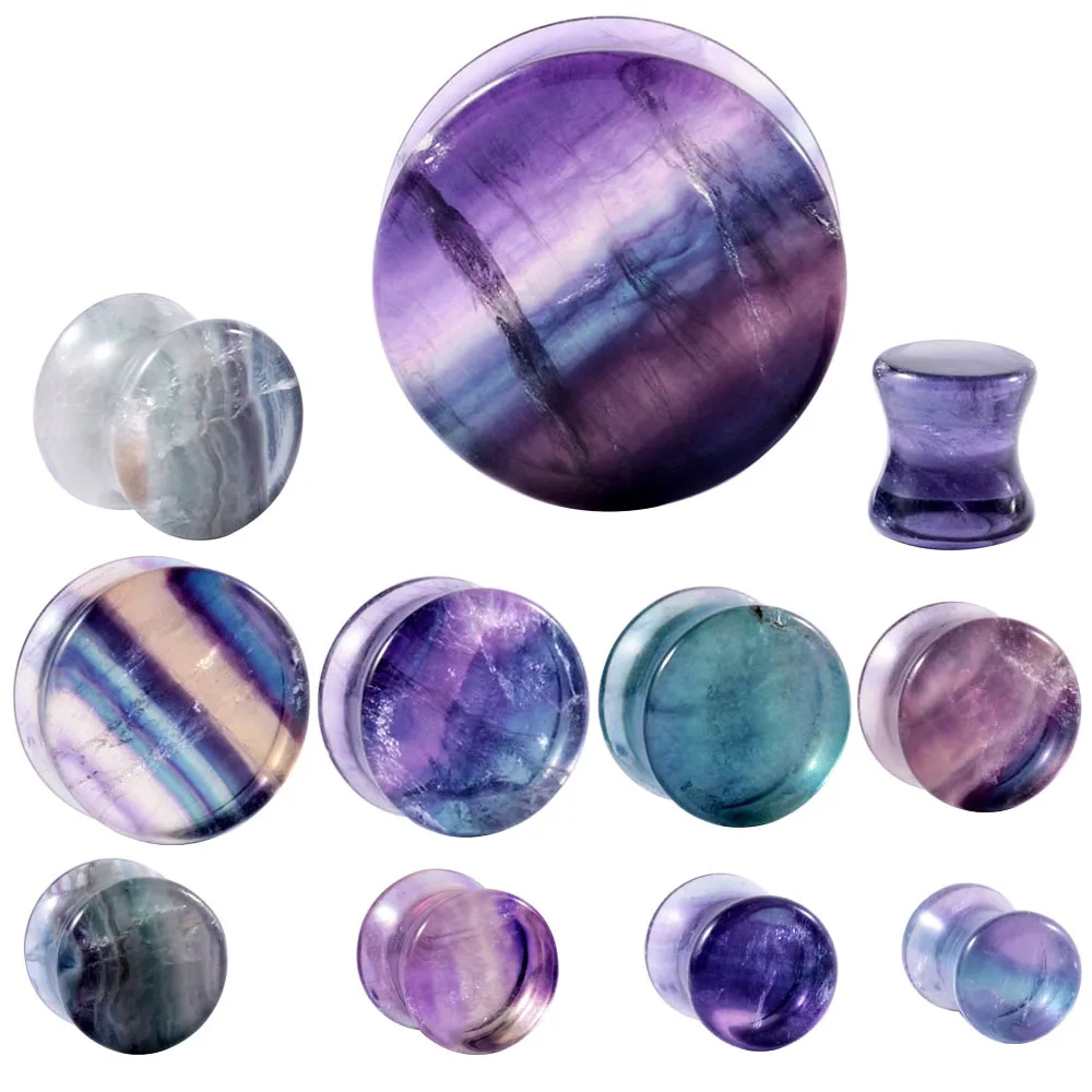 1Pair Aurora Fluorite Stone Ear Plugs Ear Gauges Ear Expander Ear Tunnels Ear Weight Earring Double Flared Body Piercing Jewelry