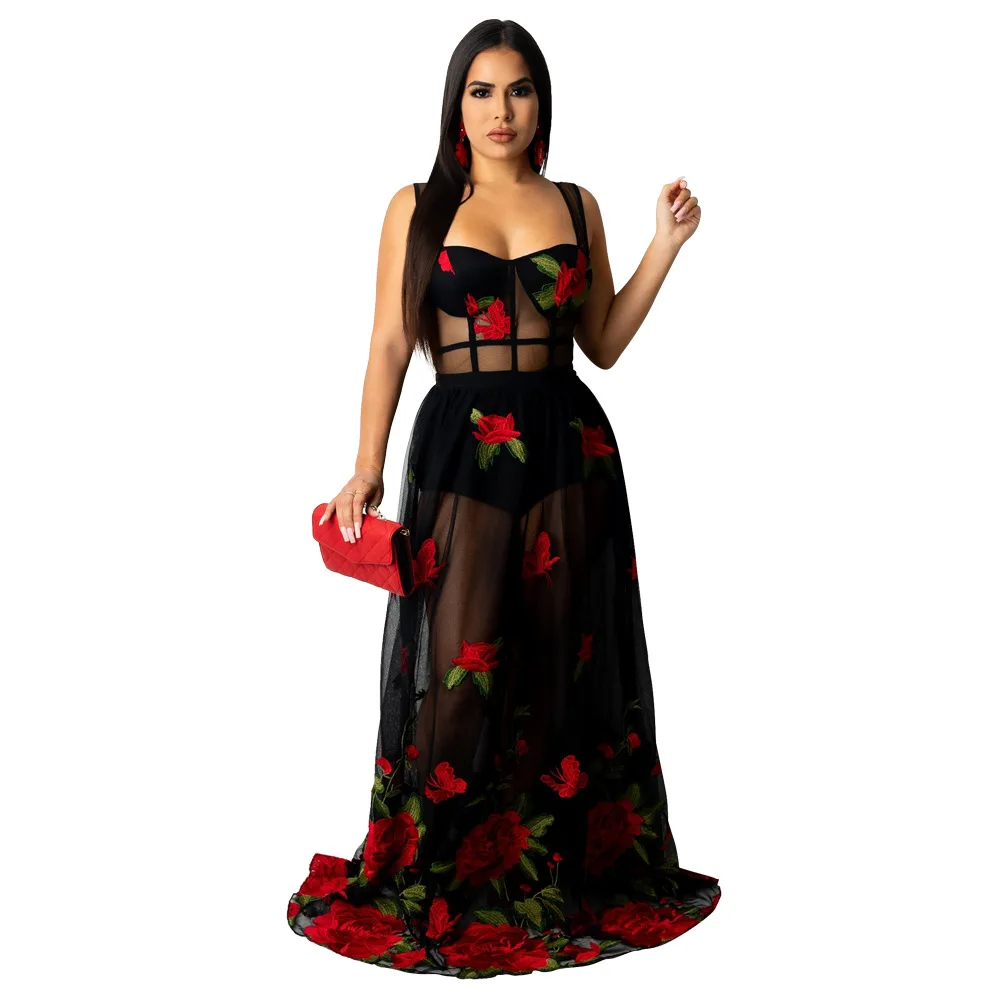 Sexy Floral Stickerei Sheer Mesh Patchwork Maxi Party Kleid mit Unterwäsche Spaghetti-trägern Enge Taille Transparent Vestidos