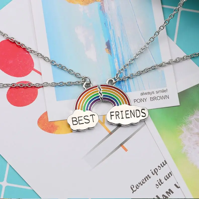 2Pc Colorful Rainbow Clouds Pendant Puzzle Necklace Best Friend Jewelry Kids