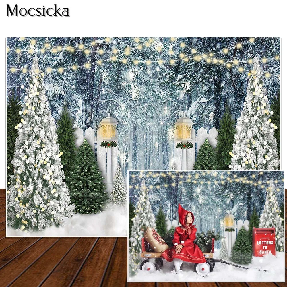 

Winter Forest Snow Christmas Photography Backdrops Xmas Tree Fence Decor Birthday Portrait Photo Props Studio Booth Background