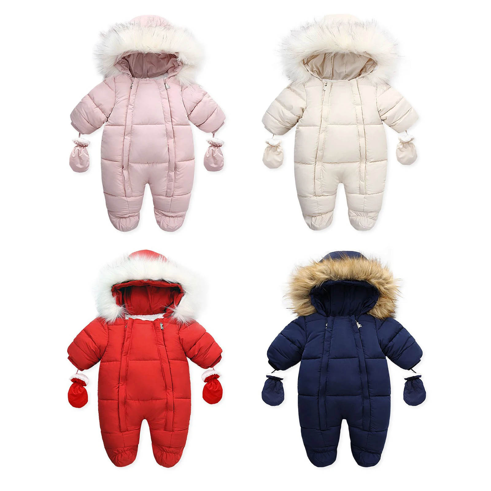 

Baby Boys Girls Winter Two-piece Thermal Solid Color Long Sleeve Hooded Romper and Gloves Windproof Keep Warm Clothes Set