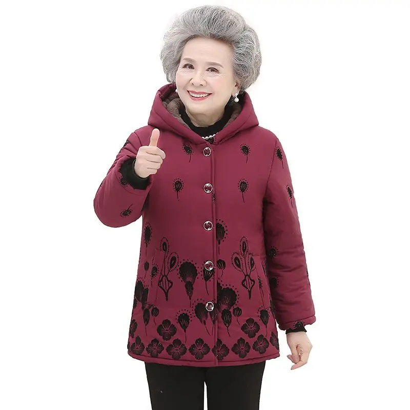 60-70-80 year old Middle-aged and Elderly Women\'s Padded Jacket Plus Size 5XL Winter Jackets Hooded Warm Cotton Overcoat Parkas