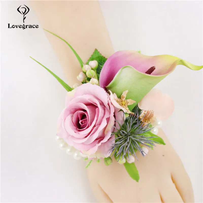 Lovegrace Artificial Rose Calla Lily Boutonniere Bride Wrist Corsage Groom Boutonnieres Bridesmaid White Bracelet Wedding Flower