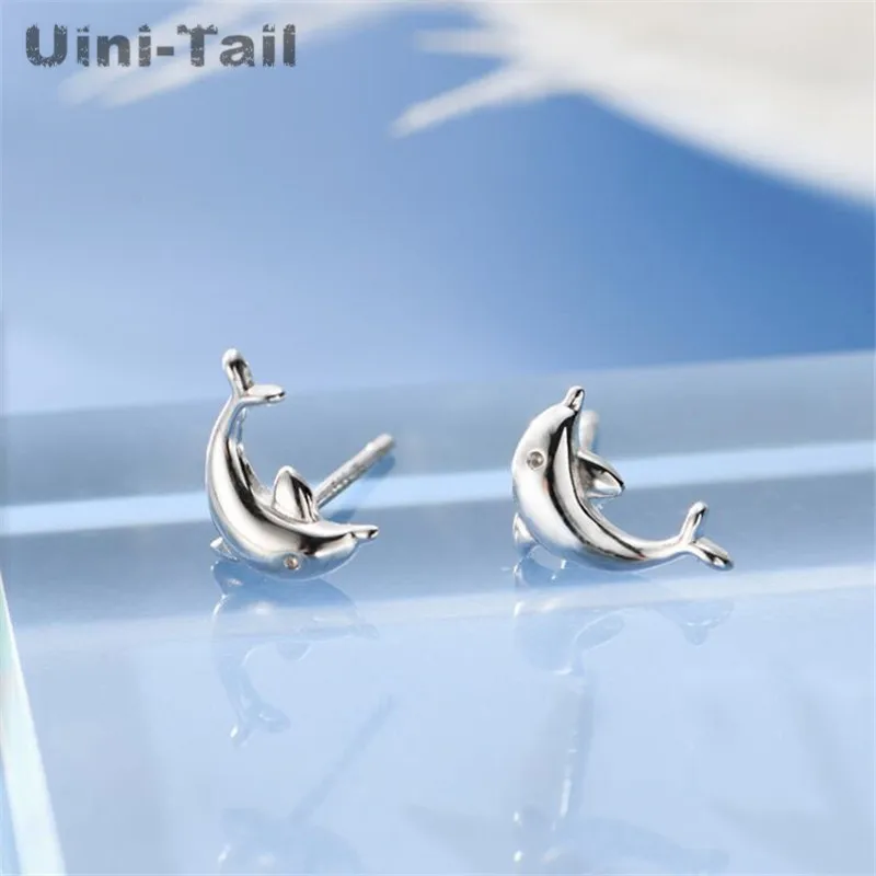 Uini-Tail Hot New 925 Tibetan silver Korean Small Fresh Glossy Dolphin Ear Studs Cute Sweet Fashion Sea Animal Ear Jewelry ED003