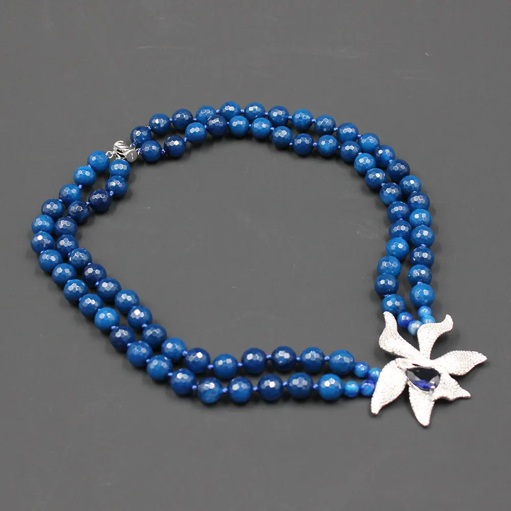 GuaiGuai Jewelry 19\'\' 2 Rows Natural Blue Agate Necklace CZ Flower Pendant For Women