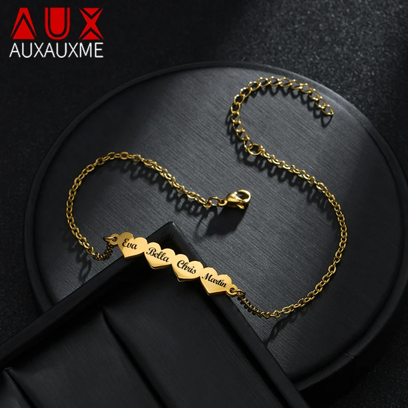 

Auxauxme Custom Family Members Name Bracelet Stainless Steel Cute Heart Engraved Nameplate Date Charm Bracelets Anniversary Gift