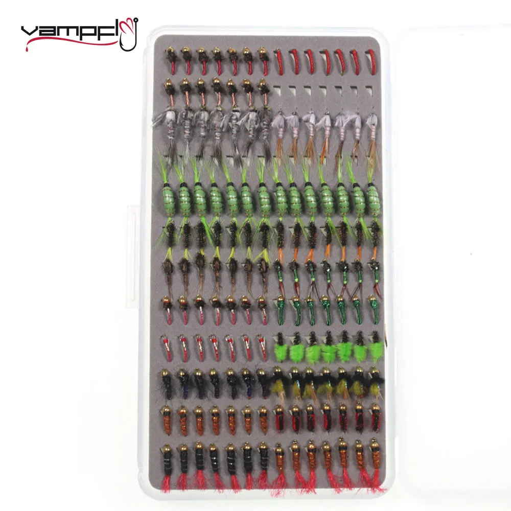 Vampfly 147pcs Flies Set Ultra Thin Portable Box Beadhead/Shrimp/Stonefly/Midge Larve Nymph Flies For Trout Bass Fishing Baits