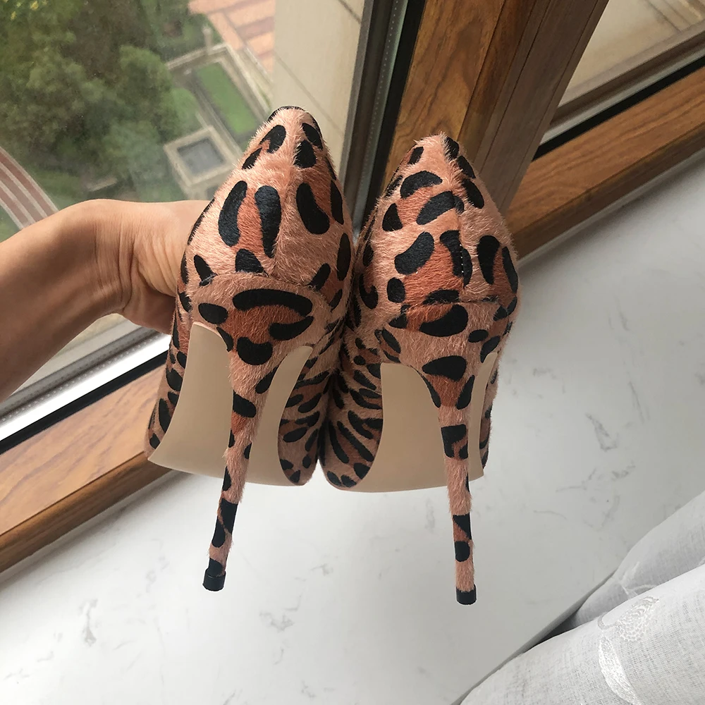 Tikicup Women Leopard Haircalf Pointy Toe High Heel Party Shoes Sexy Slip On Designer Ladies Stiletto Pumps 8cm 10cm 12cm