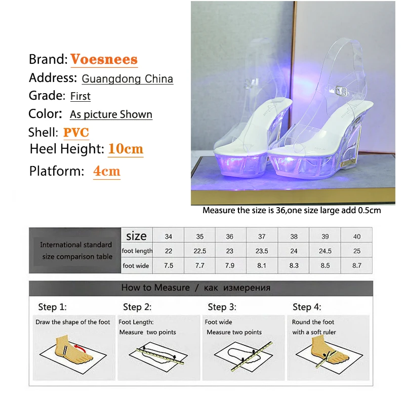 Voesenees seksowne sandały damskie jasne klinowe obcasy wielokolorowe światło emitujące pcv platforma pasek z klamrą wysokie obcasy kobiety Party