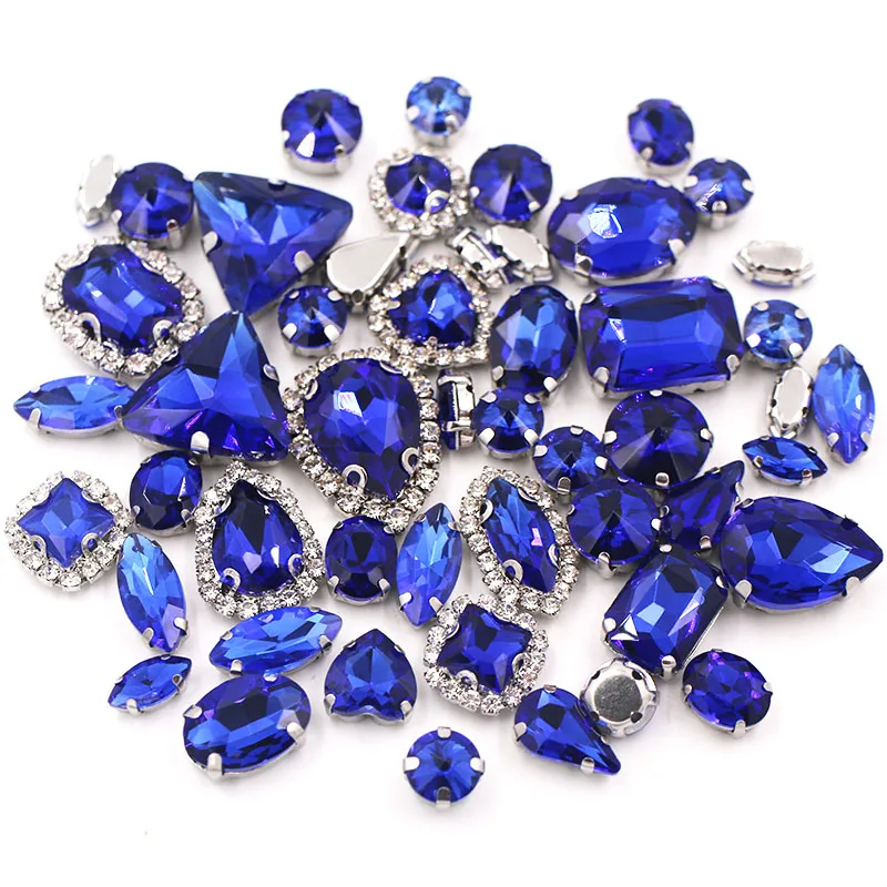 50pcs/Bag Royal Blue Mixed Shape Sew on Glass Rhinestone Silver Claw Crystal Buckle Diy Wedding Decoration Clothes/Shoe/Dress