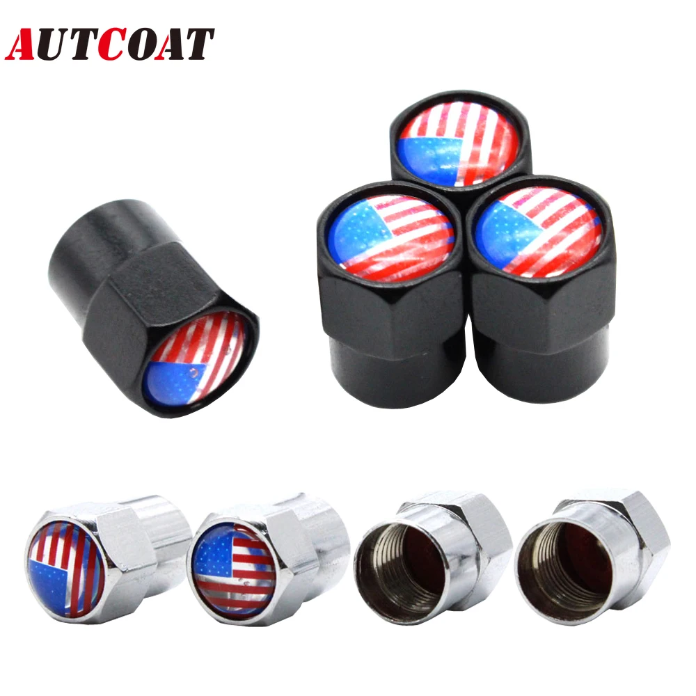 AUTCOAT 4 Pçs/set Universal Americano Tampas Da Haste Da Válvula Do Pneu Bandeira, Premium Metal de Alumínio Vedação De Borracha Do Pneu Da Roda da Haste Da Válvula de Ar Caps