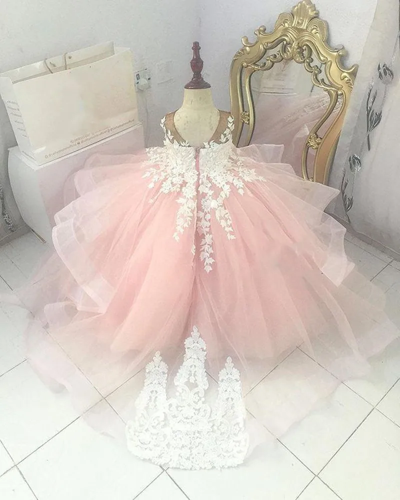 Pink Flower Girl Dresses Toddlers Tiered Tulle Princess Pageant Gowns neonate Lace Applique Ball Gown abiti da festa di nozze