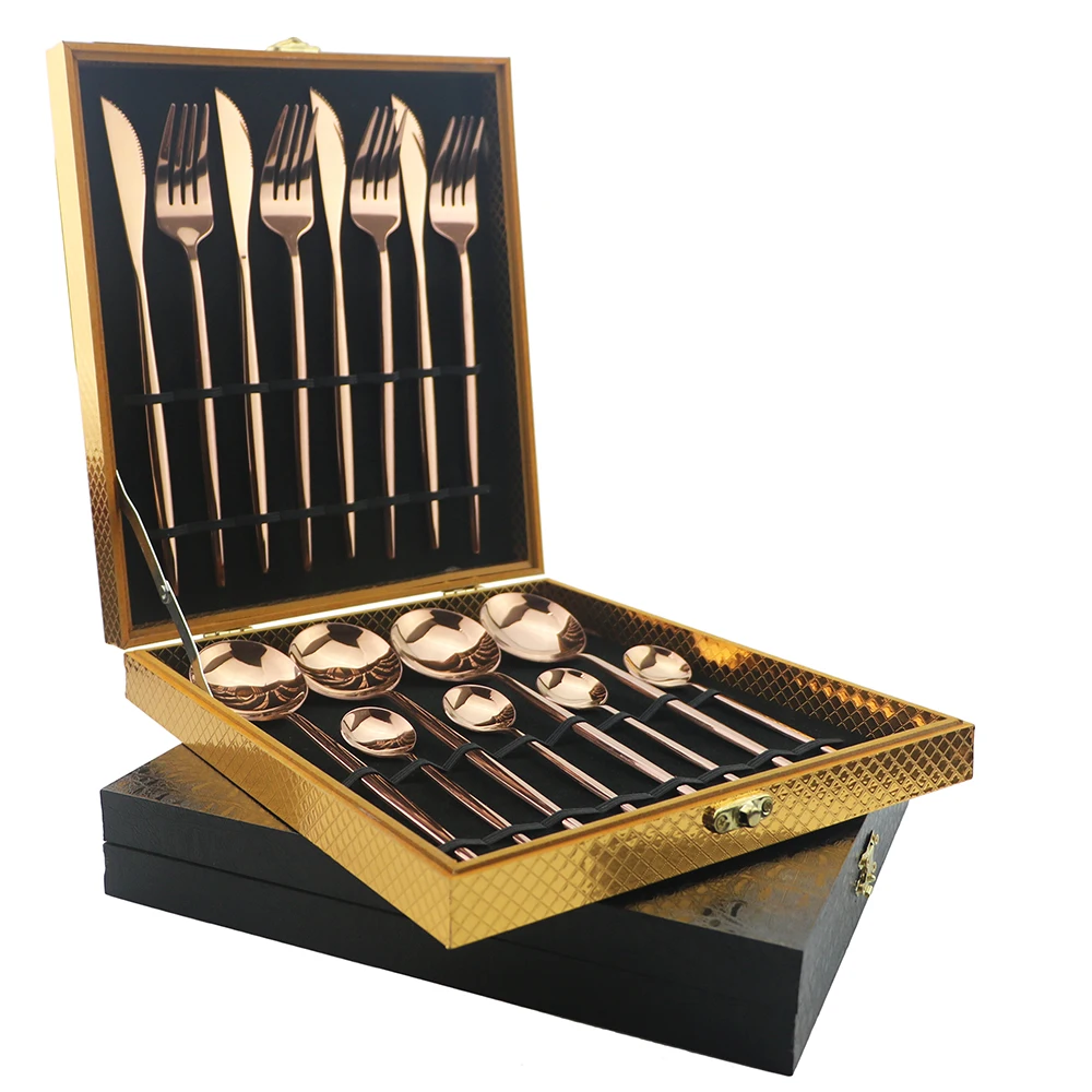 

16Pcs/24Pcs Rose Dinnerware Set 18/10 Stainless Steel Dinner Knife Fork Spoon Gold Cutlery Set Rainbow Silverware With Giftbox