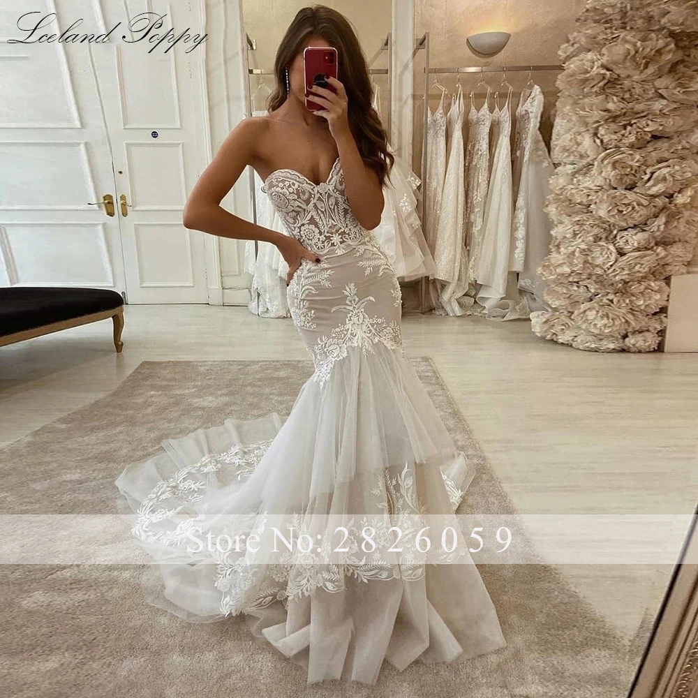 Lceland Poppy Customized Women's Strapless Mermaid Wedding Dresses for Bride Lace Appliques Tiered Bridal Gowns