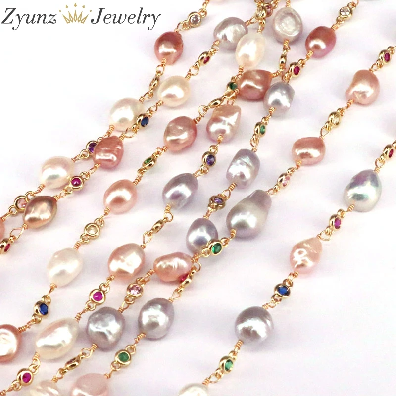 3 Meters, Fresh Water Pearl Beads Chains For Jewelry Making, Irregular Pearl Links Colorful Zircon Gold Color Rosary Chains