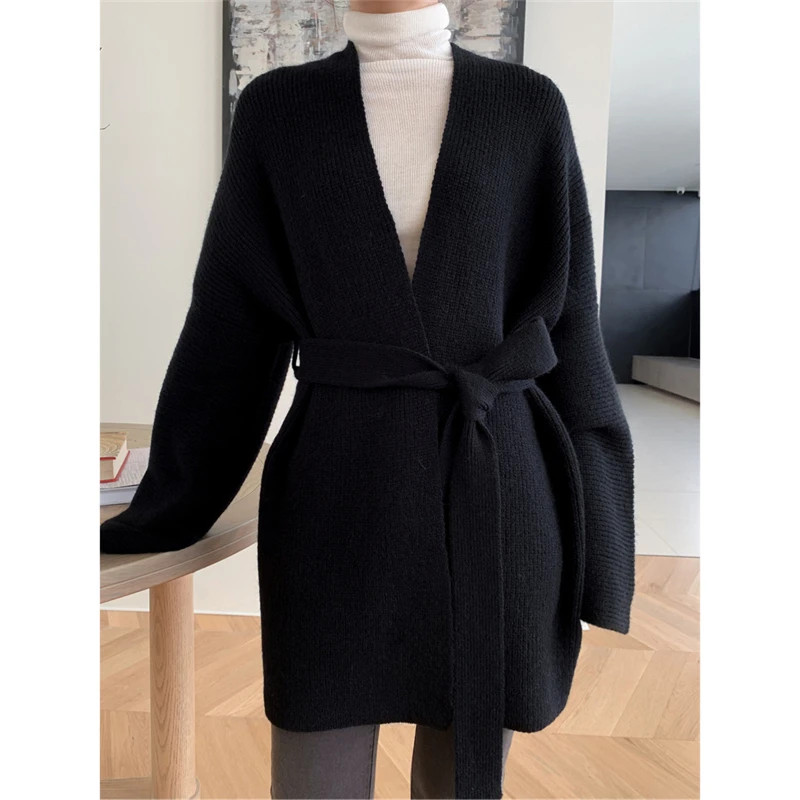 [ZAYAU]Women\'s Spring and Autumn New Lapel Off Shoulder Loose Sweater Simple Bathrobe Wind Belt Sweater Coat