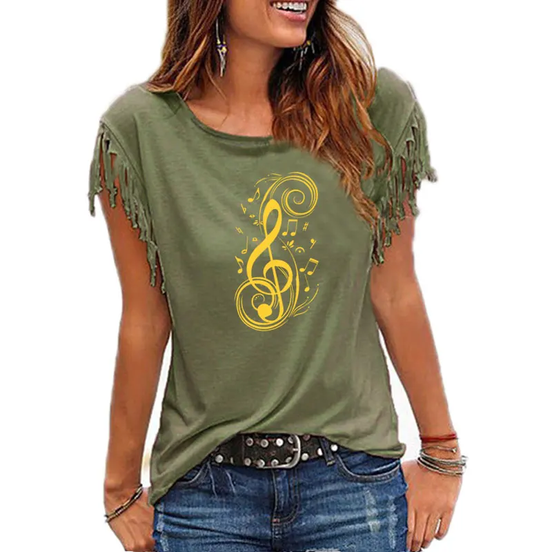 New Fashion Women Musical Note graphic Print Women Cotton Tassel Casual T-shirt Women\'s Tees Short Sleeve O-neck Femme t shirt