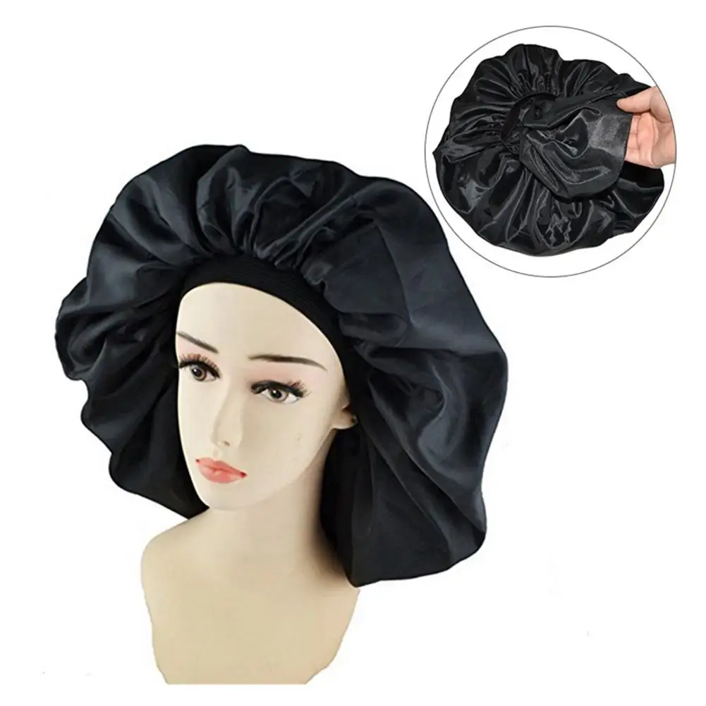 New Fshion Women Satin Solid Sleeping Hat Night Sleep Cap Hair Bonnet Hat Silk Head Cover Wide Elastic Band Unisex Cap Black