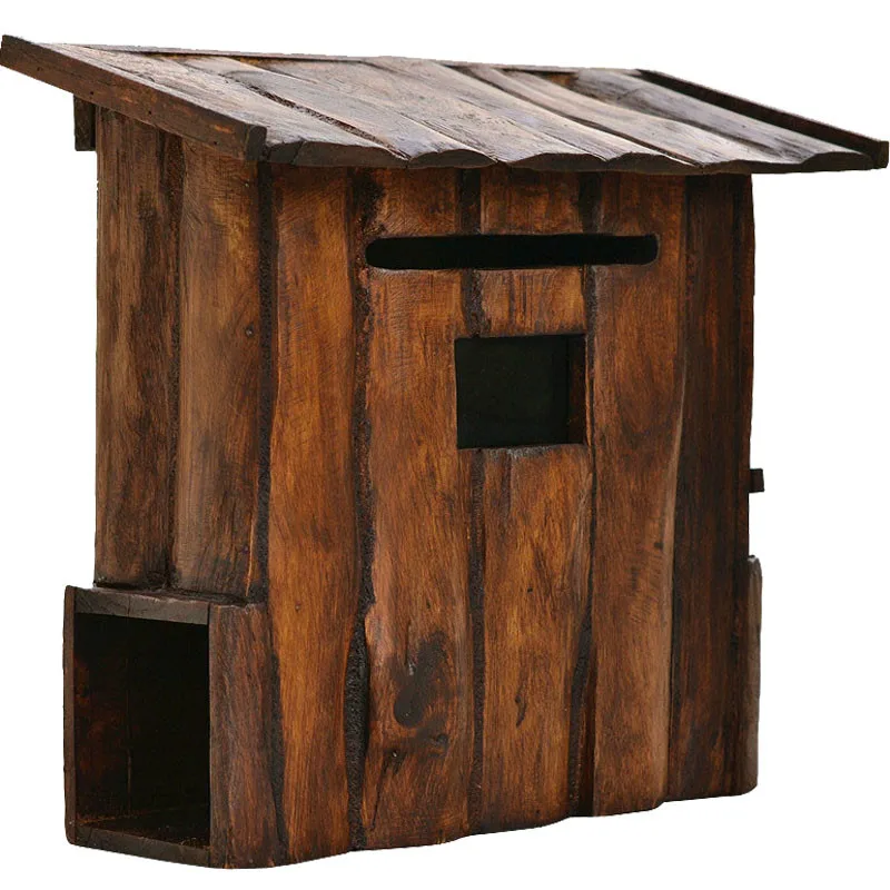 Handcraft Wood Outdoor Mailbox Garden Solid Wood Villa Mailbox Household Letter and Newspaper Rainproof Milk Delivery Box