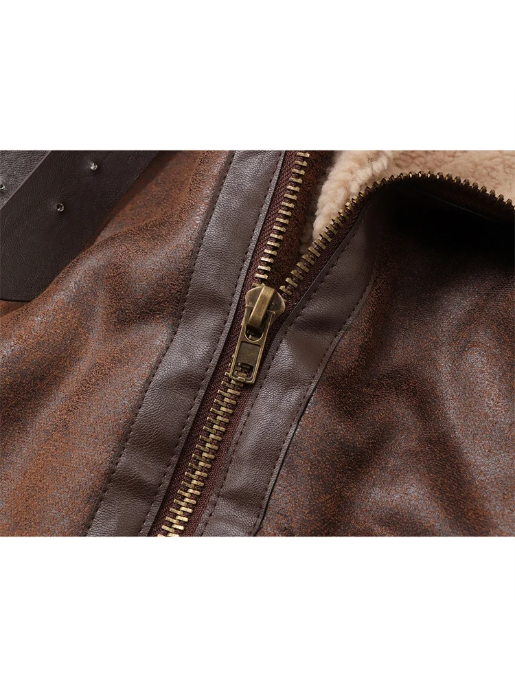 Women\'s Fur Jacket Belt Zippers Loose Warm Lamb Wool Winter Vintage Thickened Locomotive Lapel Female Chic PU Motorcycle Coat