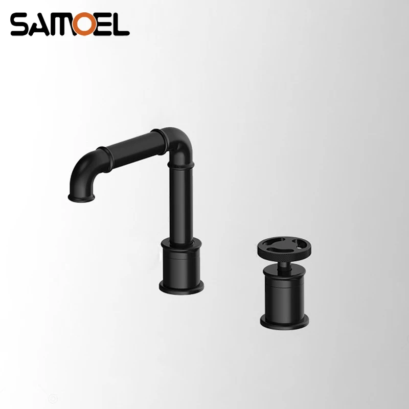 Hot Selling Deck-mounted Matte Black Industrial Style Separated Dual Hole Bathroom Basin Sink Faucet Water Mixer Tap B3395