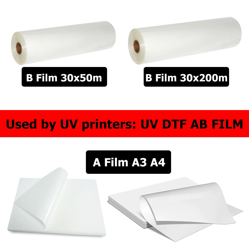 Película UV DTF AB para impresoras UV 6090 4060 A1 A2 A3 A4, película DTF de transferencia impermeable, pegatina adhesiva redonda curvada con logotipo L1800 L805