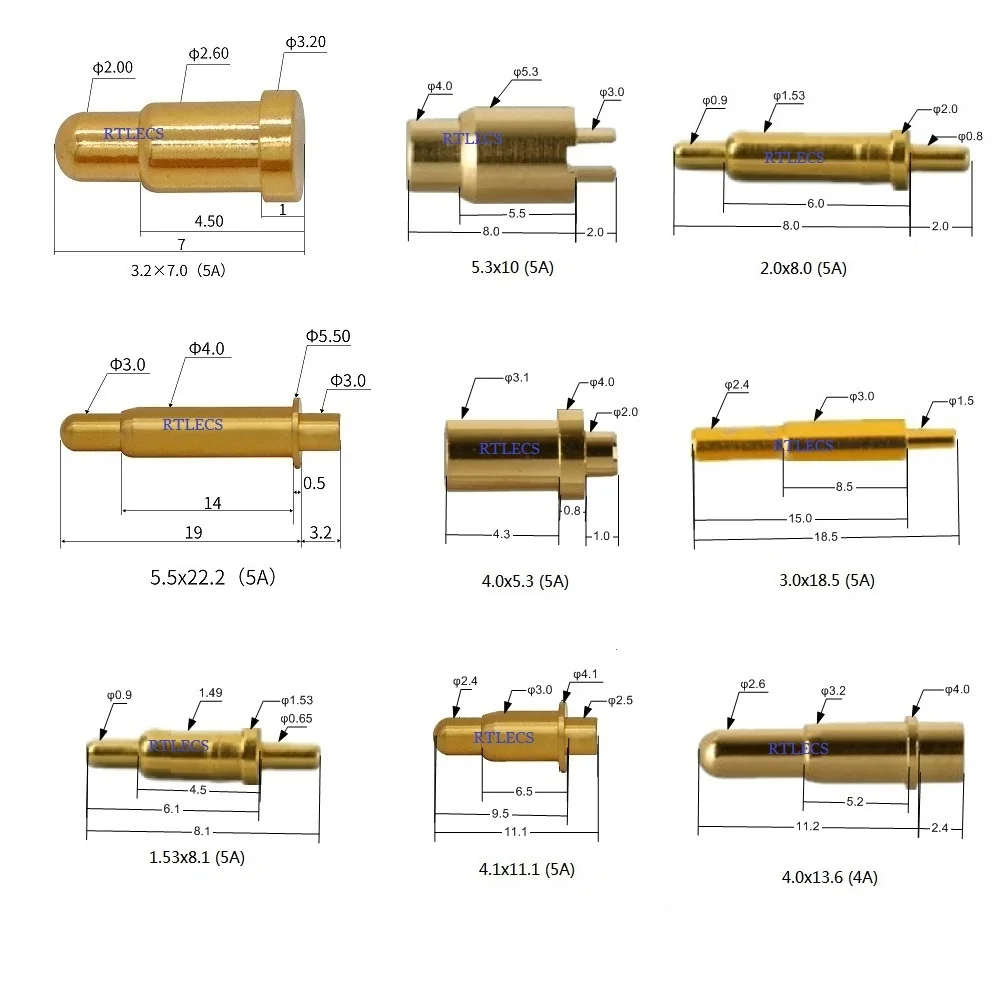 3 5 20 50 200 pz Pogo Pin connettore bassa tensione ad alta corrente 4 5 amp 12V DC placcato oro contatto sonda caricata a molla