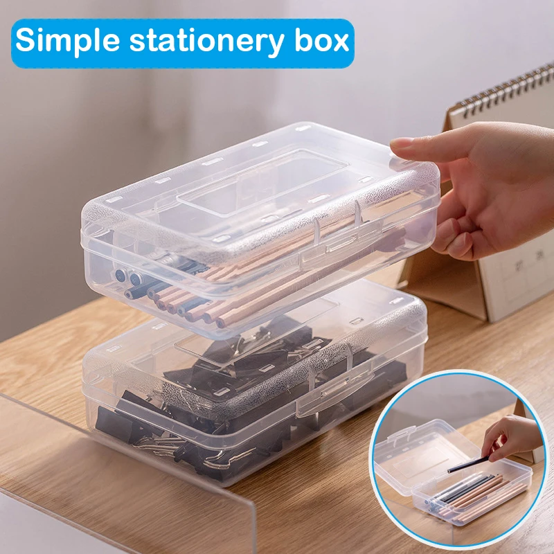 HOT Simple Pencil Case Clear Hard Large Capacity Makeup Brush Pen Storage Box Organizer for Office Students Snap Closure